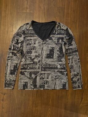 John Galliano Gazette Newspaper Print V-Neck Long Sleeve Top